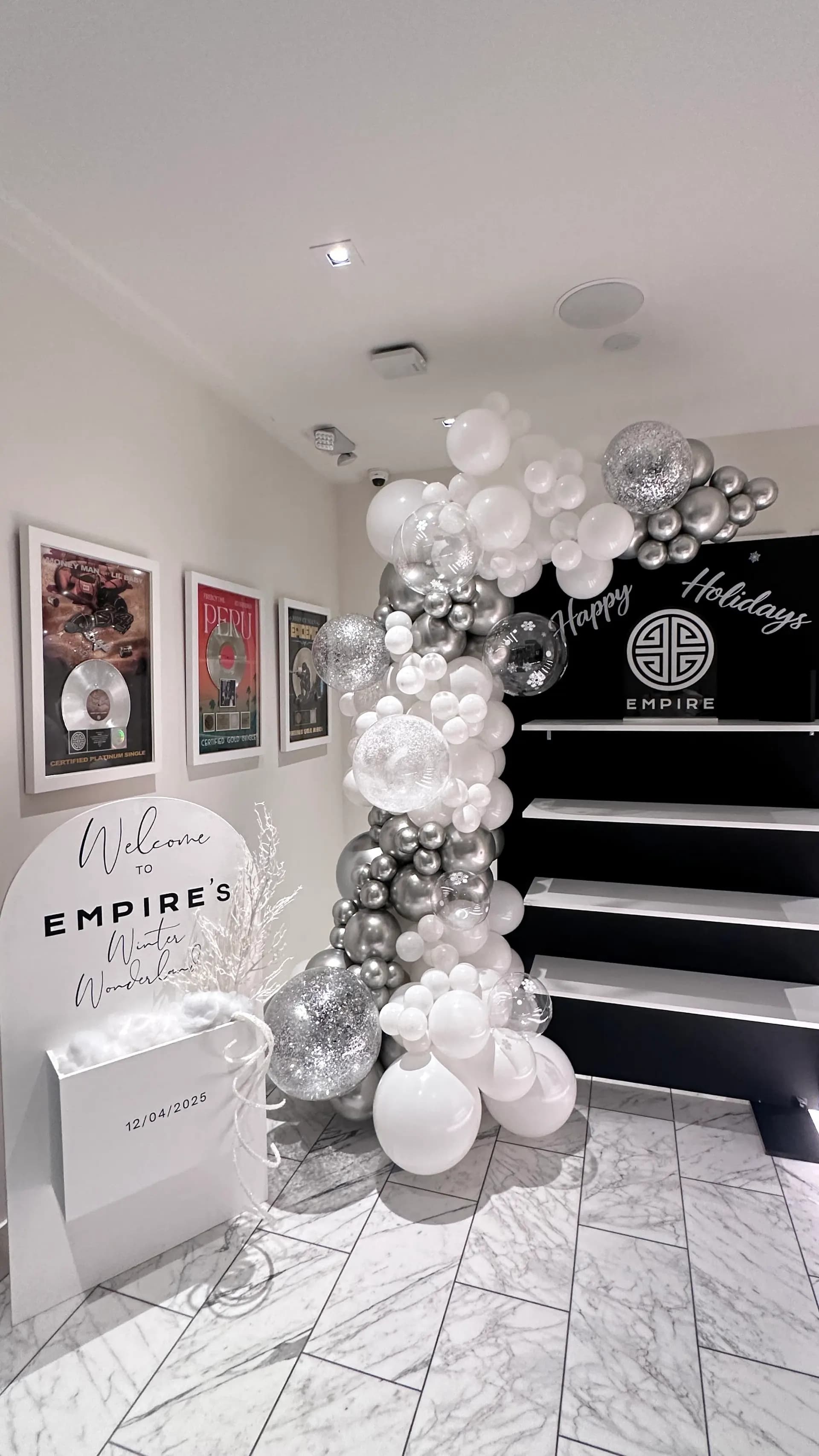 Elegant holiday balloon décor produced by Balloon Décor for a corporate client in San Francisco, California, view 3.