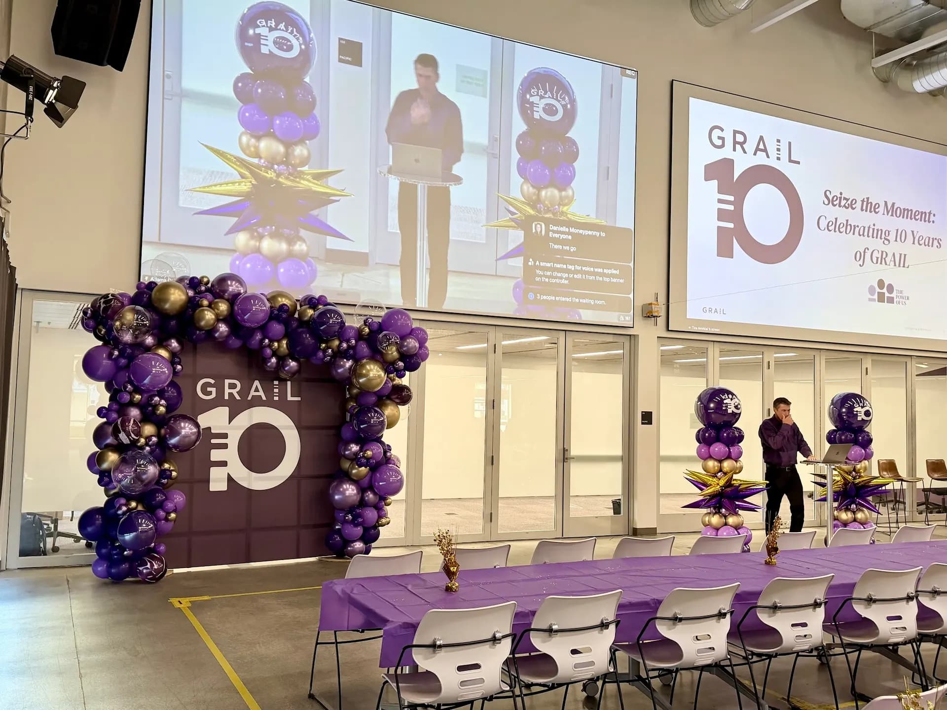 Branded balloon arch, backdrop and starburst columns produced by Balloon Décor for GRAIL in San Francisco Bay Area, view 3.