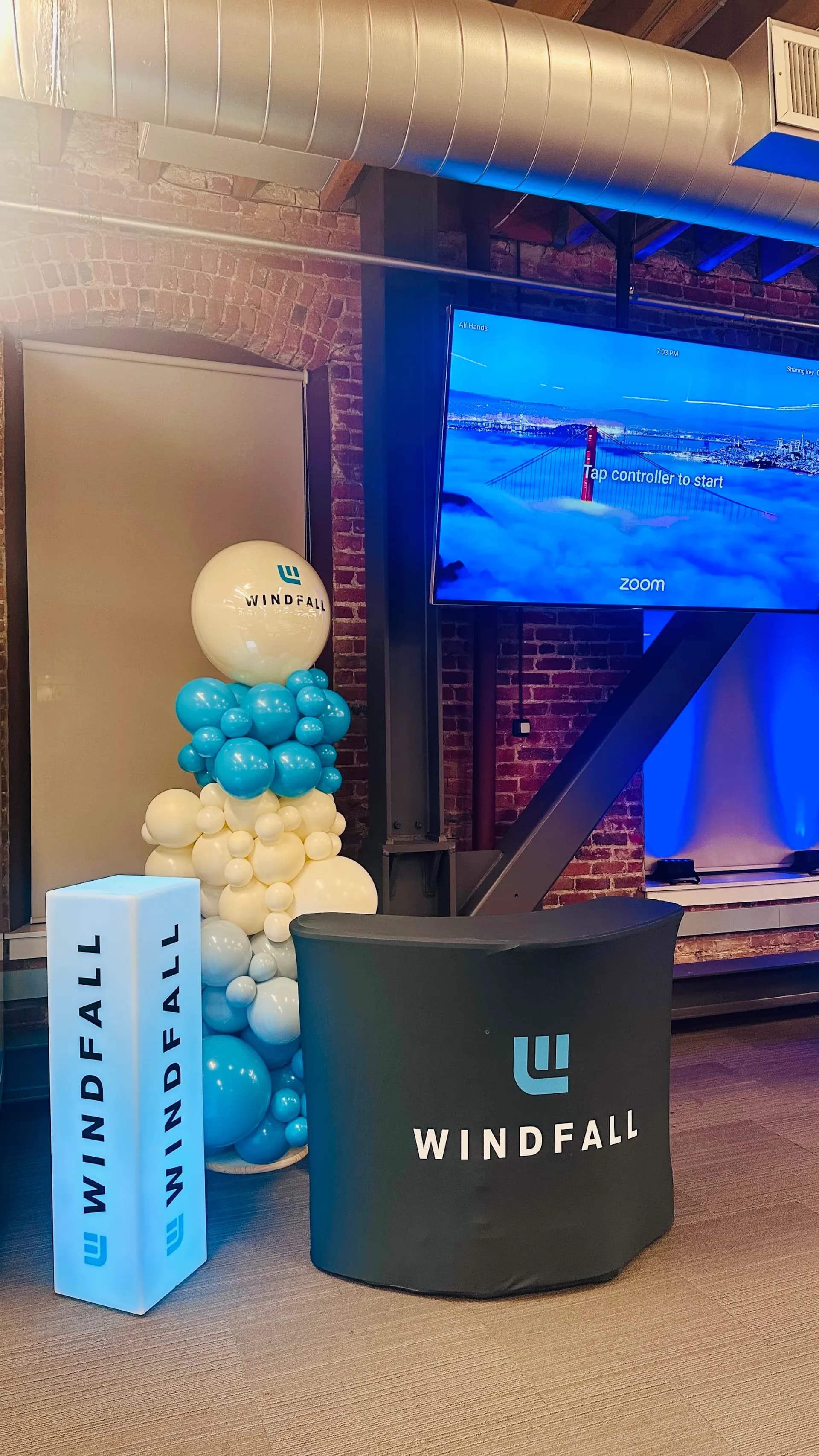 Completed entrance balloon arches and columns from the Luxury Corporate Event project in San Francisco, California (image 4 of 6).