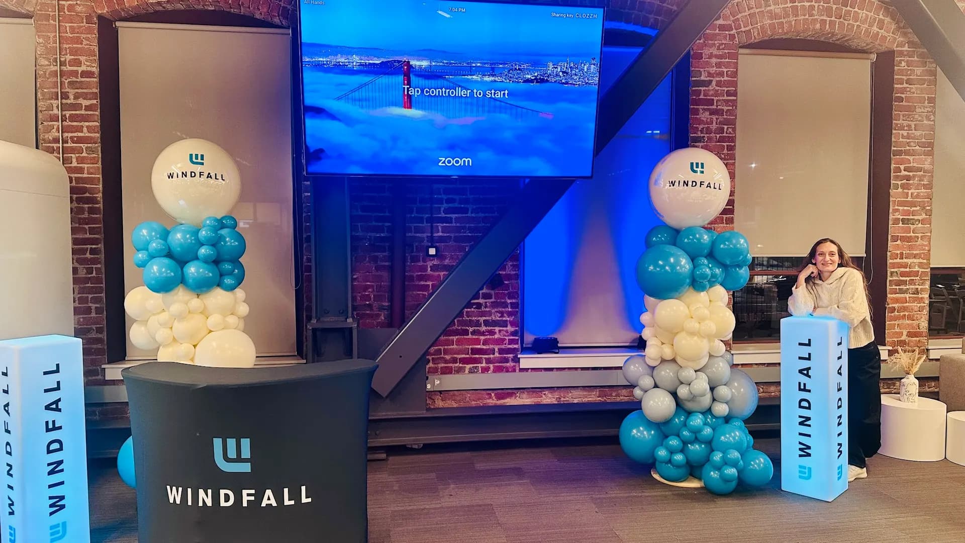 Entrance balloon arches and columns installed on site for the Luxury Corporate Event in San Francisco, California, frame 5 of 6.