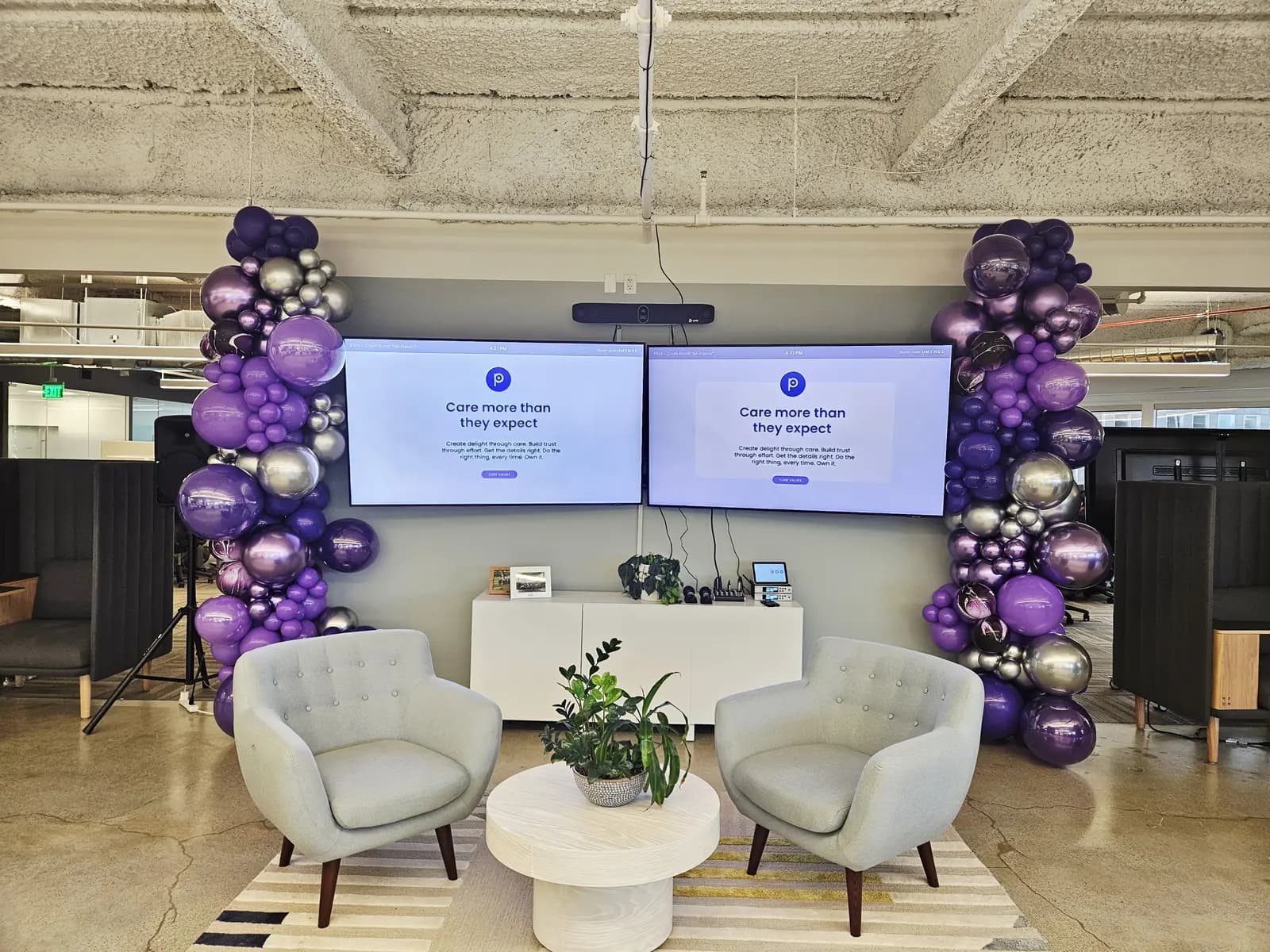 Corporate Office Purple Balloon Columns Stage Bay Area — view 01