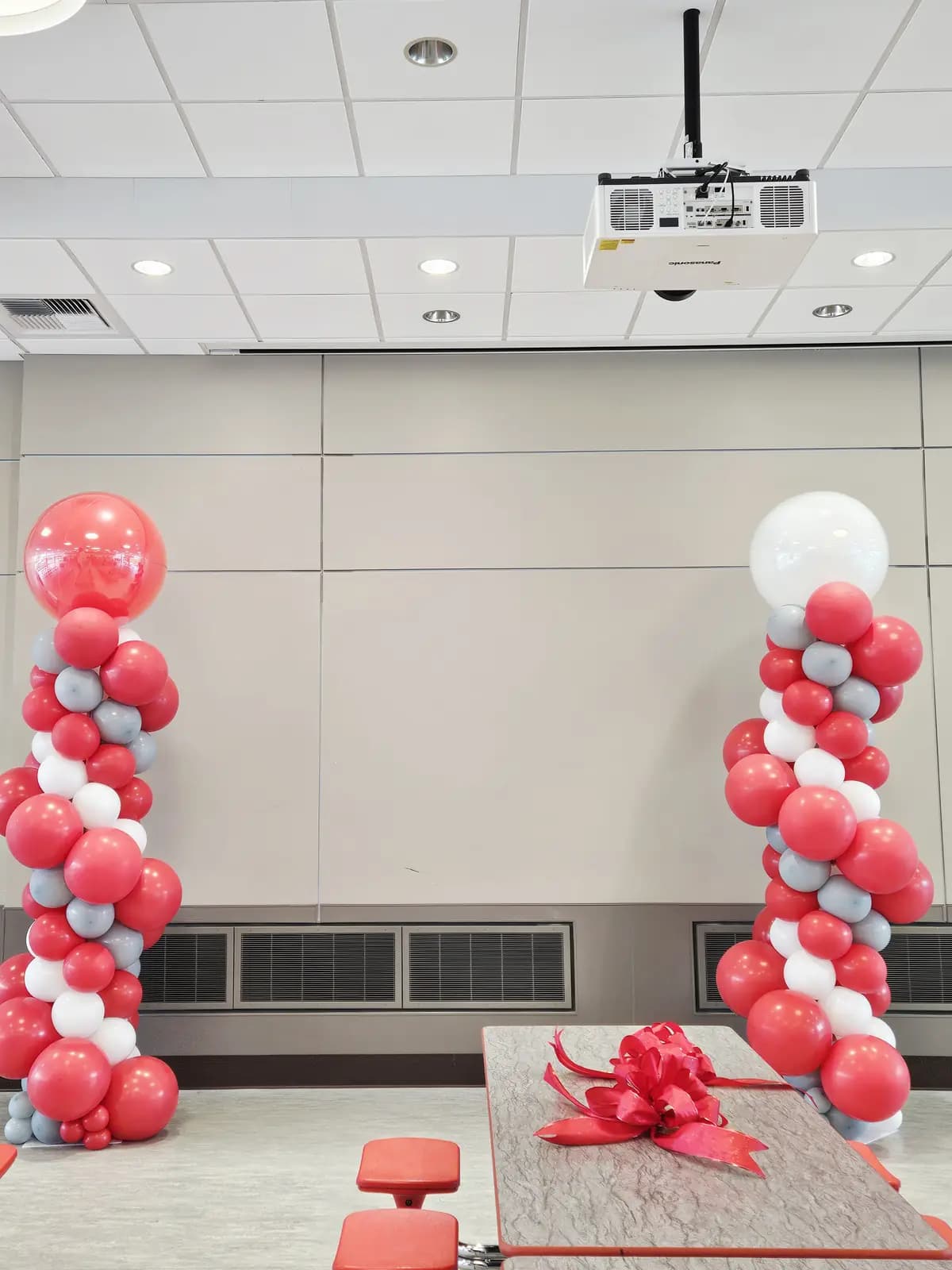 Corporate Ribbon Cutting Red Gray Balloon Columns — view 01