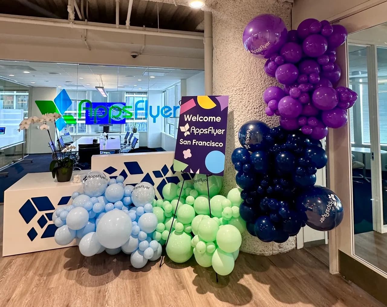 AppsFlyer's Office Opening in San Francisco, California: branded office balloon decoration, view 2 of 2.
