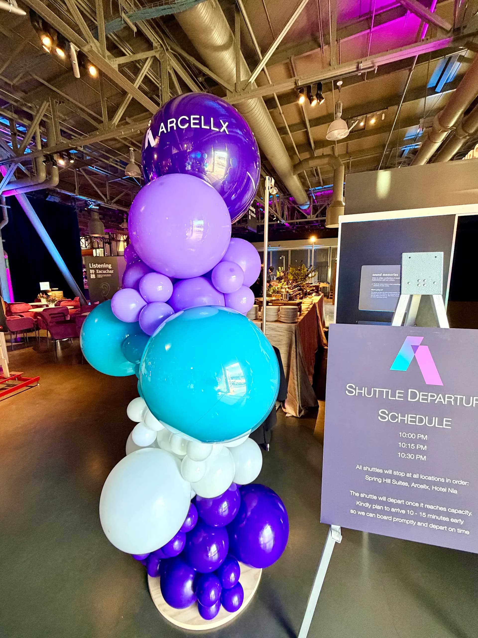 Arcellx's Corporate Event & Shuttle Departure in San Francisco Bay Area: branded balloon columns, view 2 of 4.