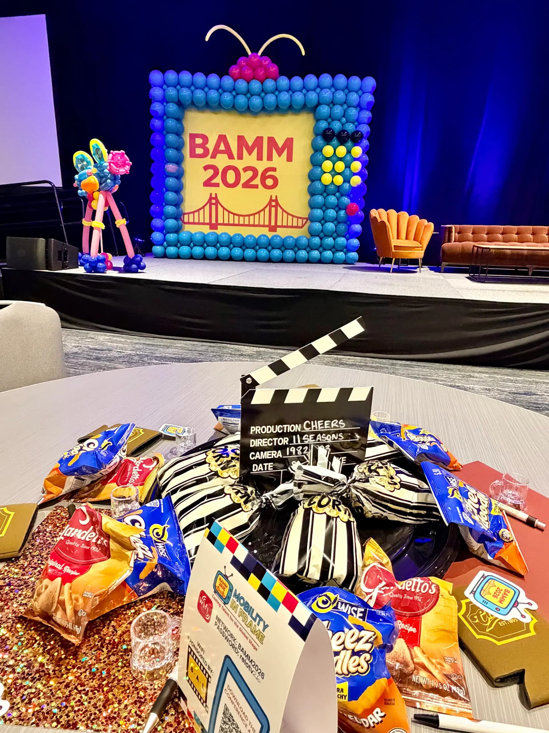 Large-scale corporate balloon installation for BAMM at the Conference in Hyatt Regency San Francisco Airport.