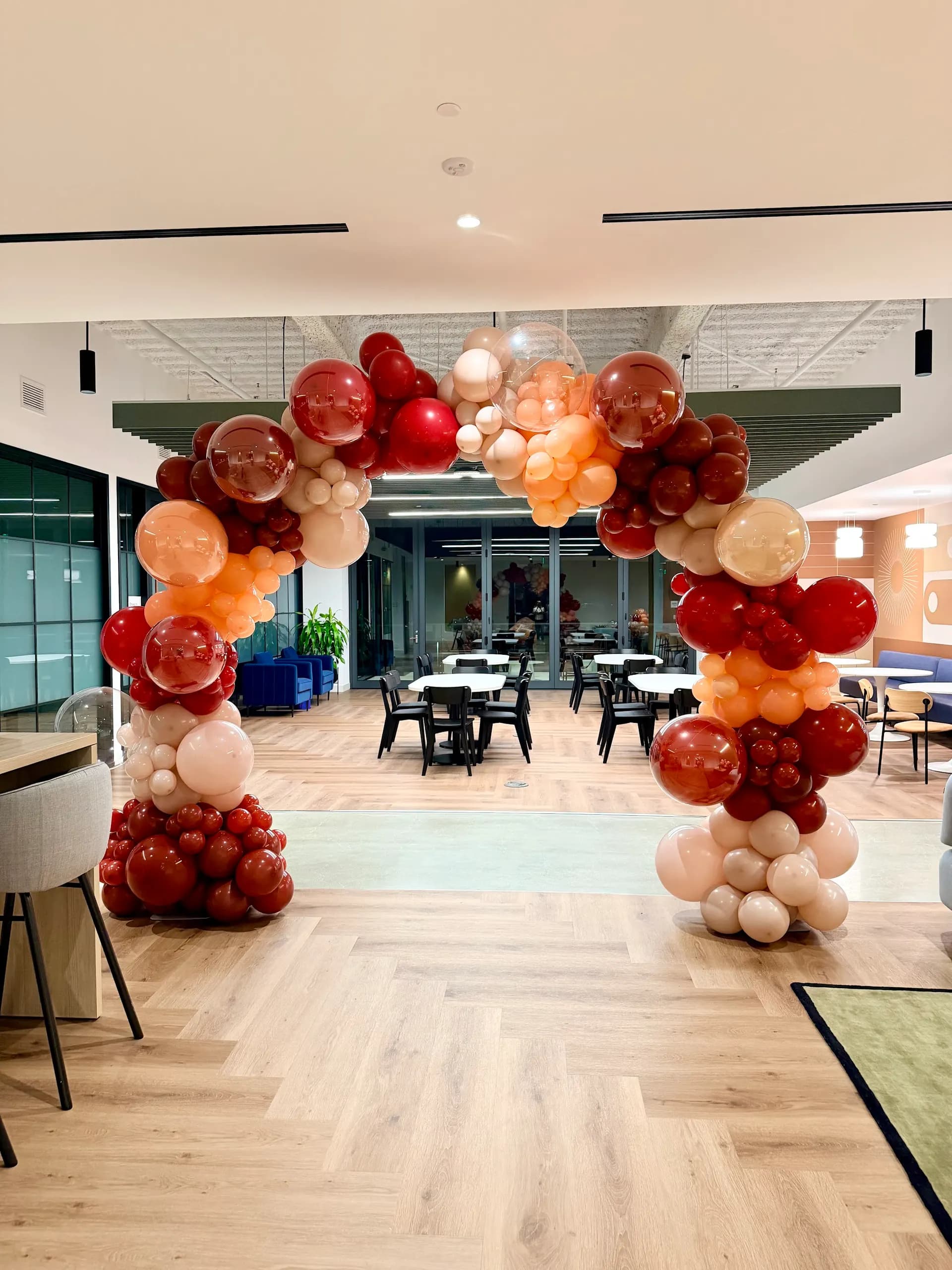Completed organic balloon arch from the Corporate Office Event project in Silicon Valley, California (image 4 of 6).