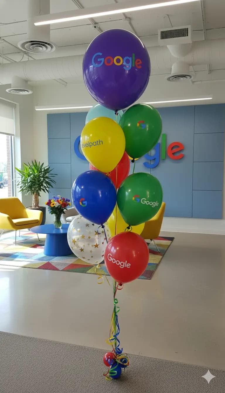 Branded helium balloon bouquet for Google at the Office Reception Event in San Francisco Bay Area.