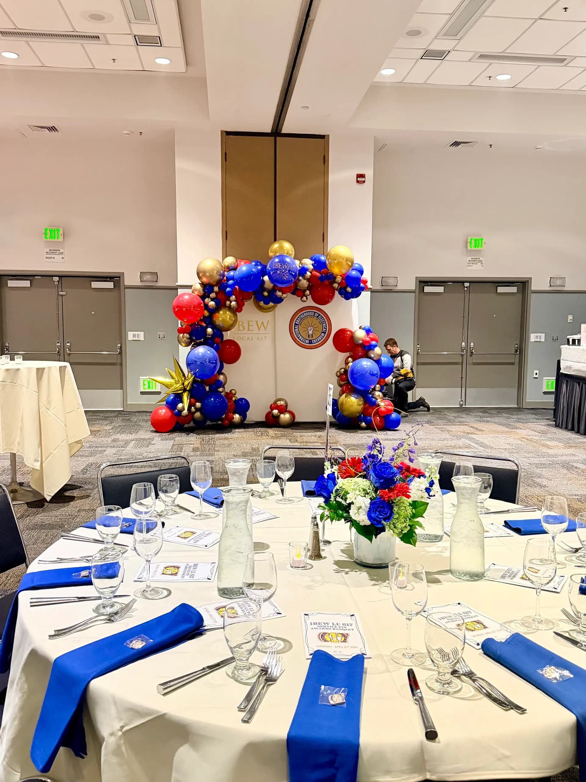 Completed branded balloon backdrop and stage columns from the Corporate Gala & Conference project in San Mateo, California (image 4 of 8).