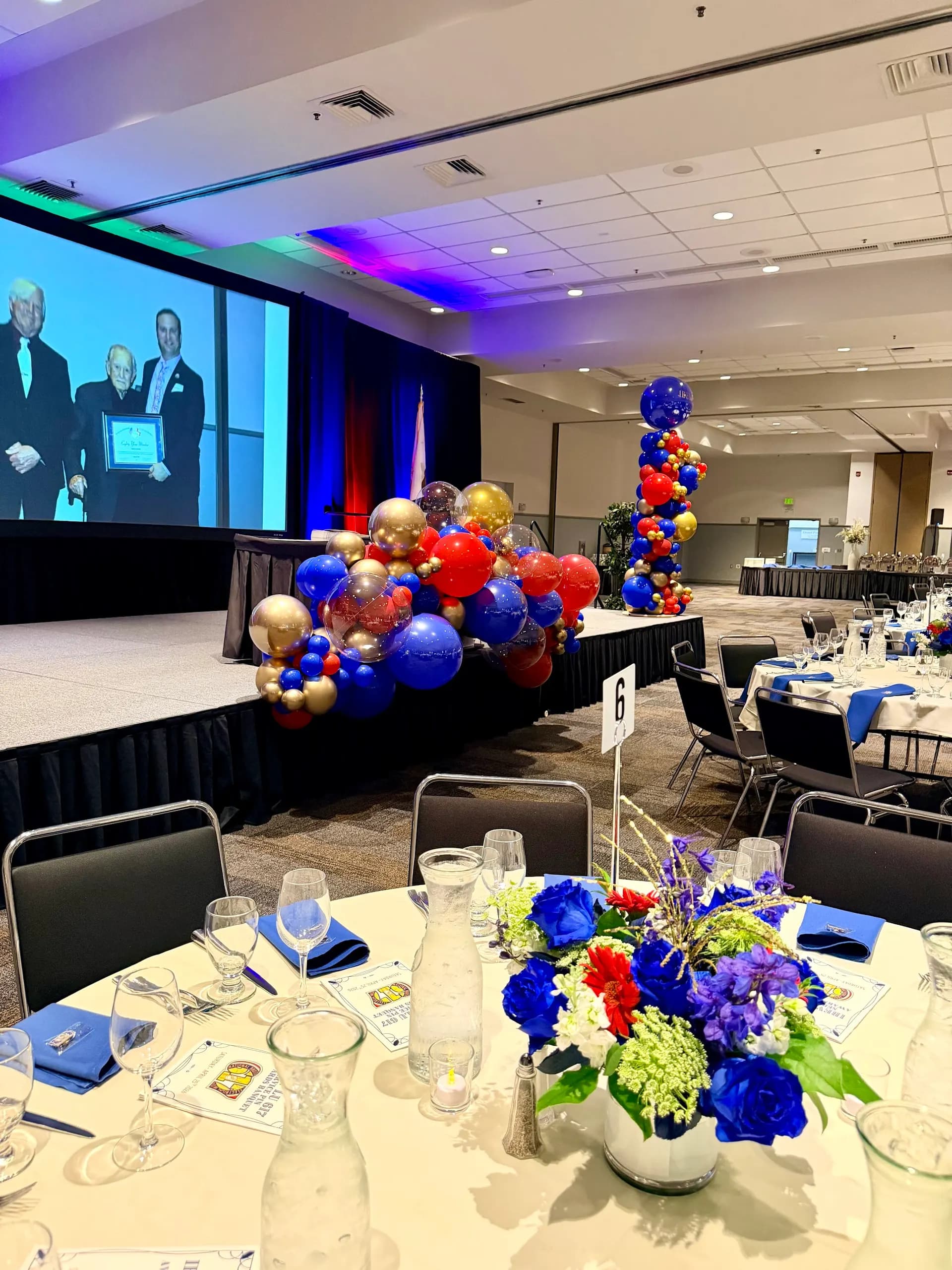 IBEW Local 617's Corporate Gala & Conference in San Mateo, California: branded balloon backdrop and stage columns, view 8 of 8.