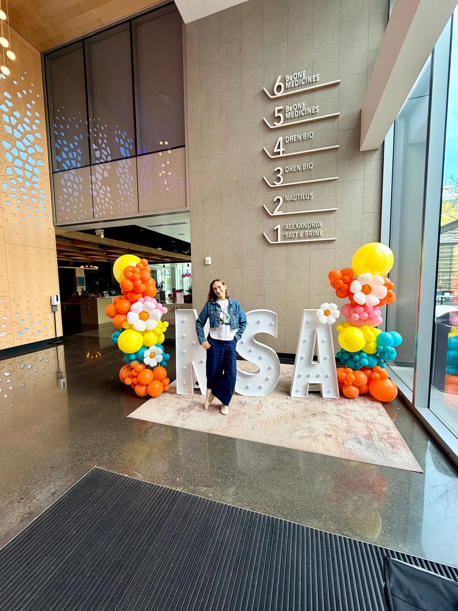 Flower-themed balloon columns with marquee letters for MSA at the Corporate Celebration in San Francisco Bay Area.