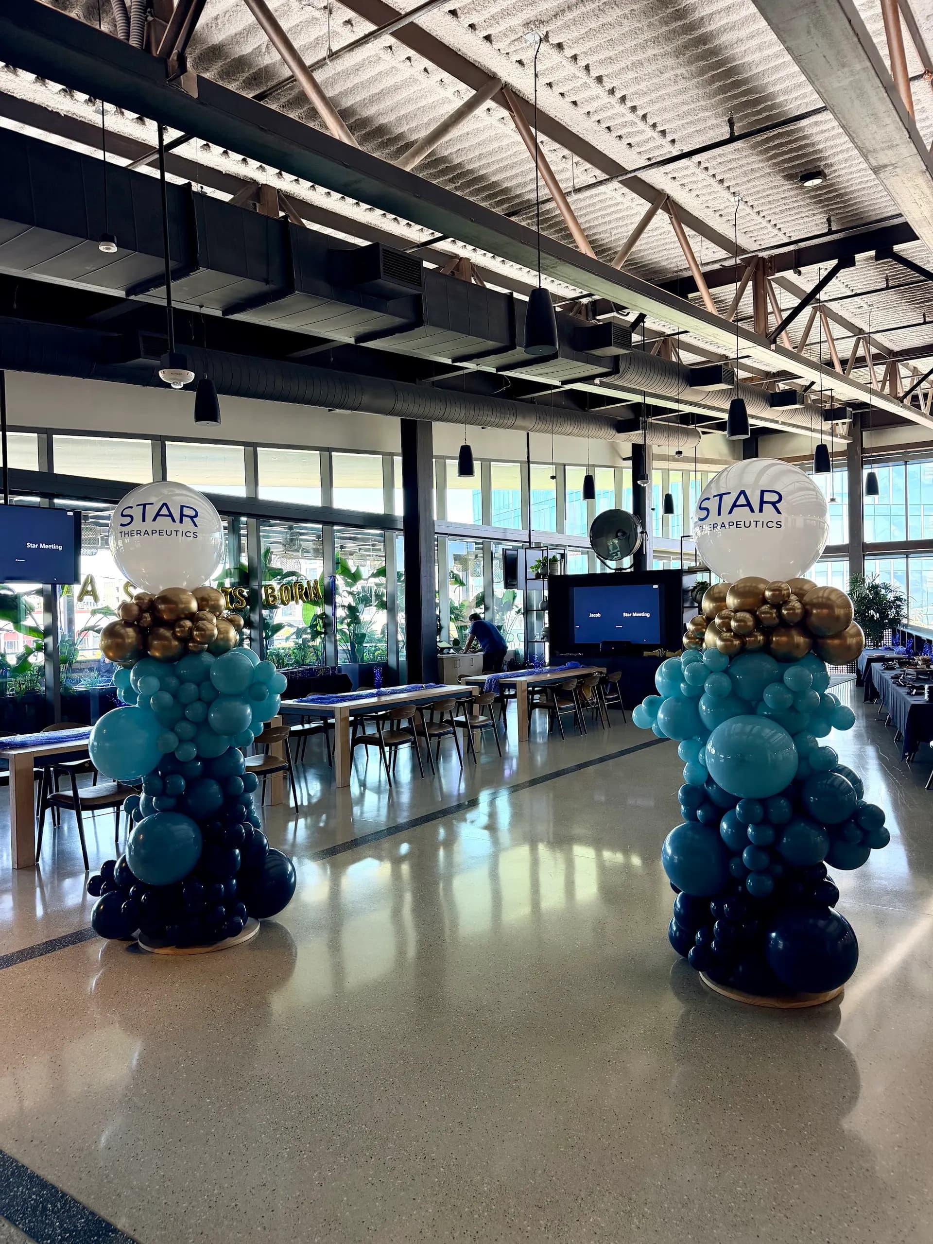 Branded organic balloon columns for Star Therapeutics at the Corporate Celebration in San Francisco Bay Area.