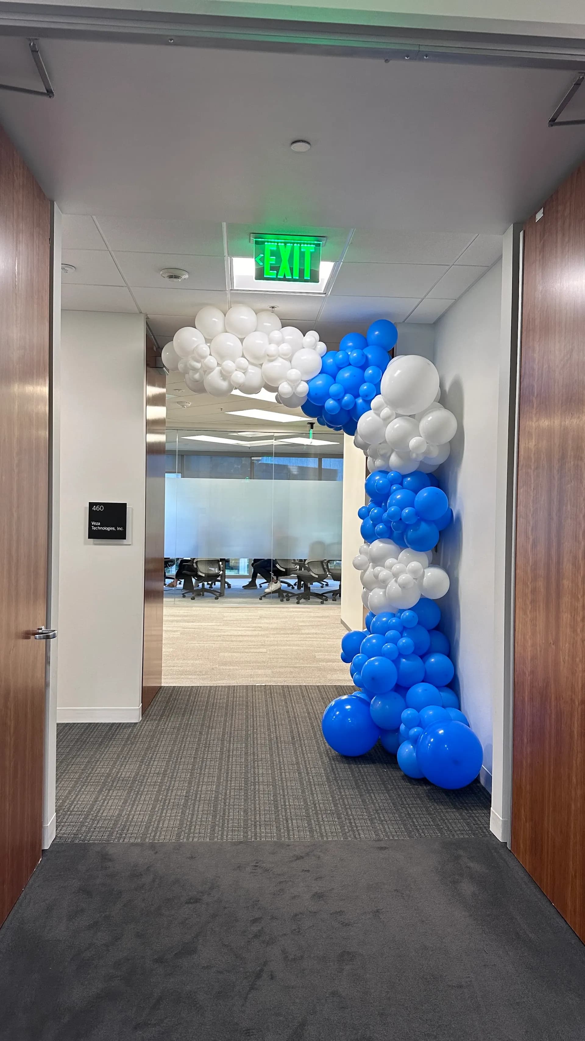Organic doorway balloon arch for Veza Technologies at the Office Celebration in San Francisco Bay Area.